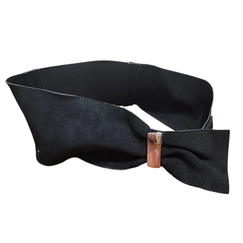 Armani Exchange XS/S Black Suede Leather Elastic Waist Belt Silver Hardware